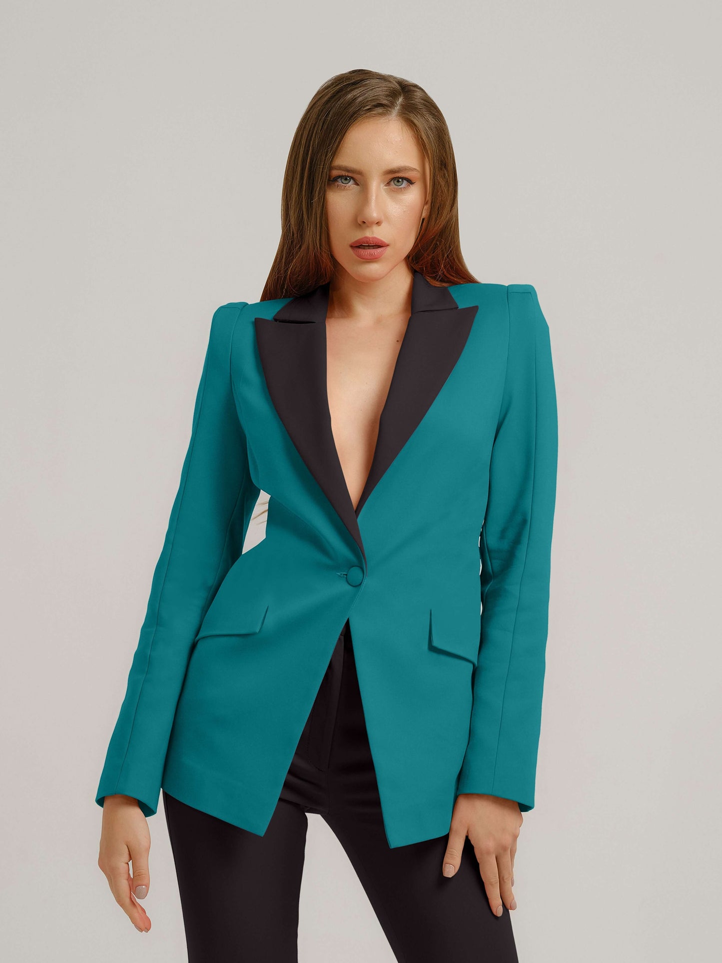 Illusion Classic Tailored Blazer - Turquoise & Black by Tia Dorraine Women's Luxury Fashion Designer Clothing Brand