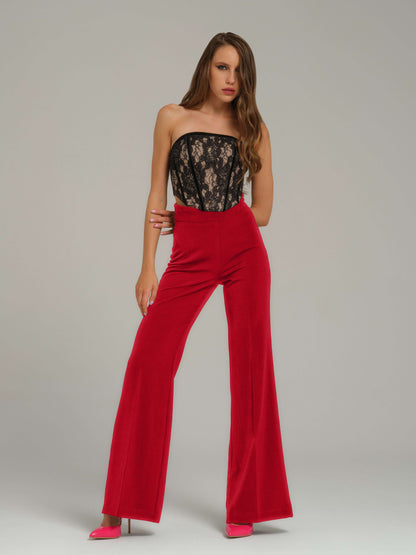 Red Pearl High-Waist Flared Trousers