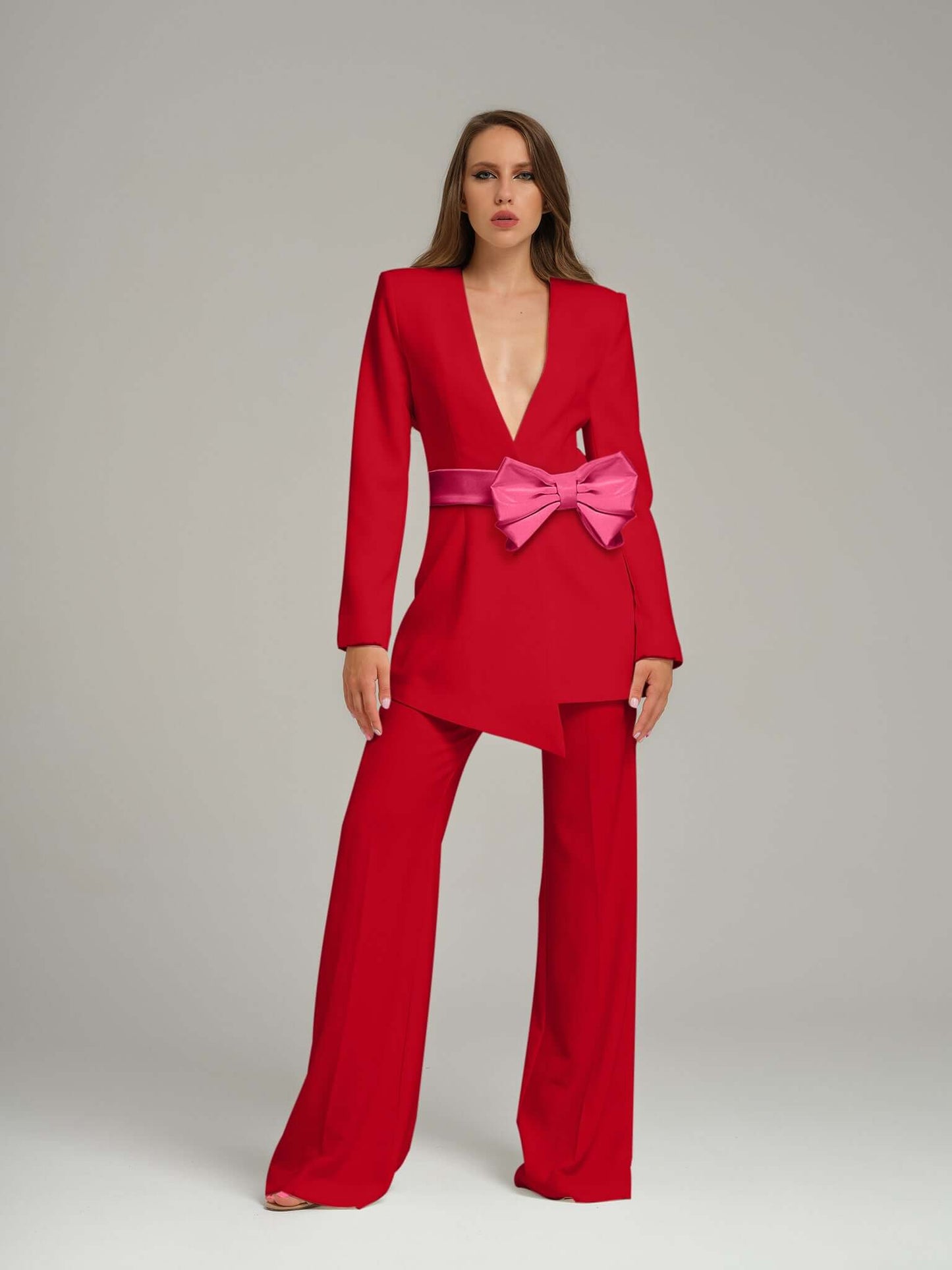 Red Pearl Power Suit with Pink Bow Belt