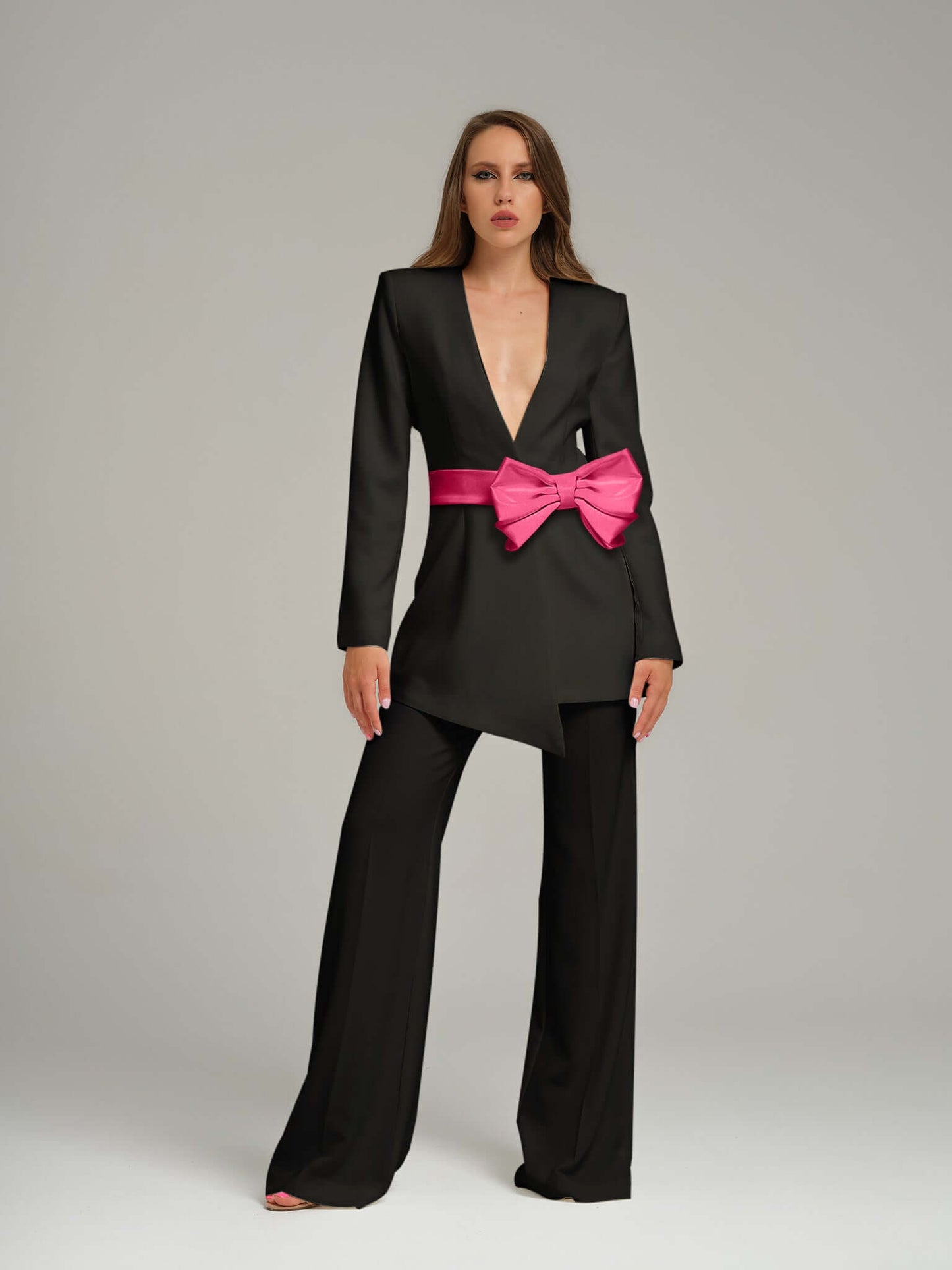 Black Pearl Blazer With Pink Bow Belt