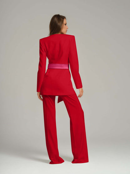 Red Pearl Blazer With Pink Bow Belt