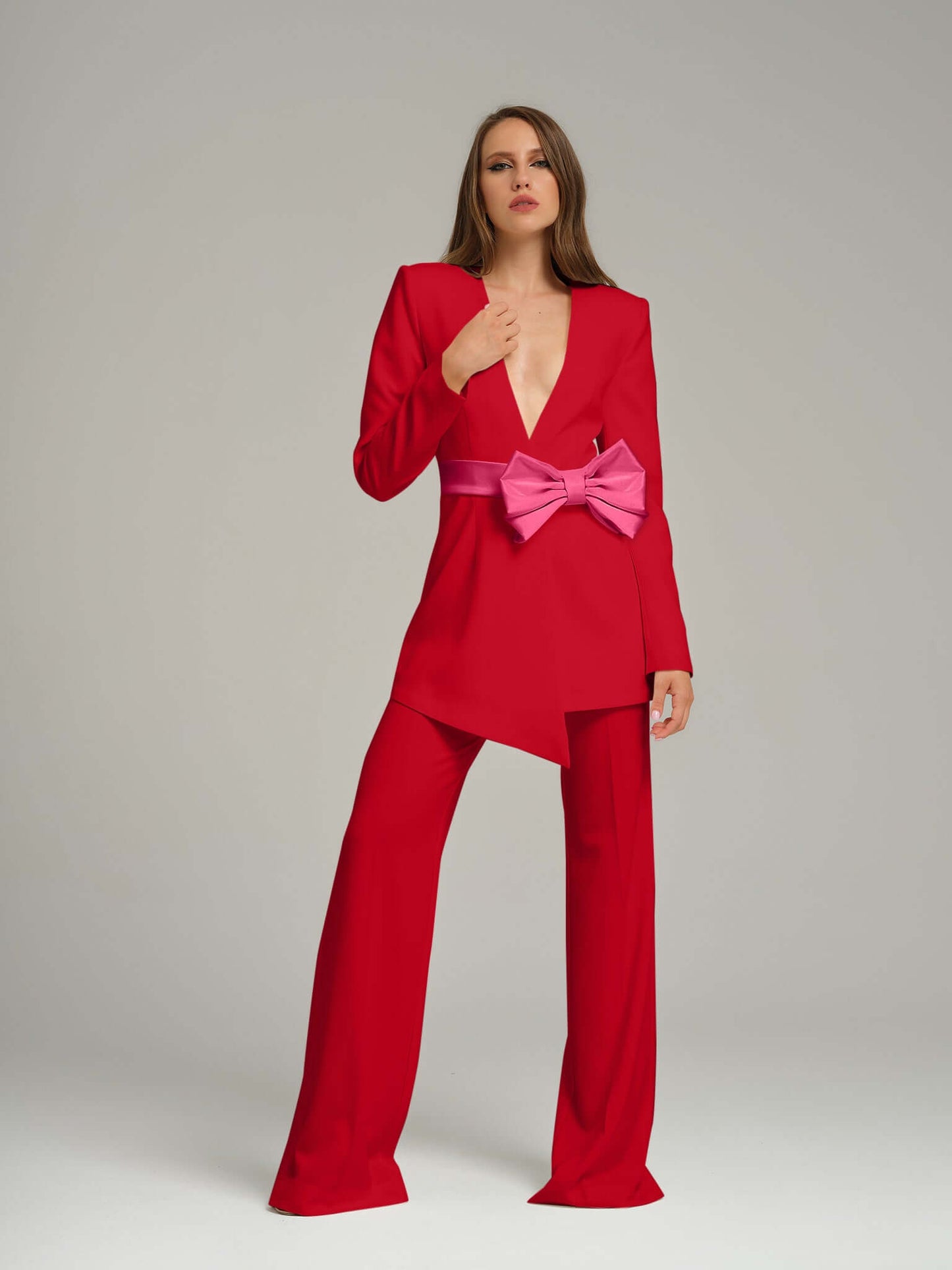 Red Pearl Blazer With Pink Bow Belt