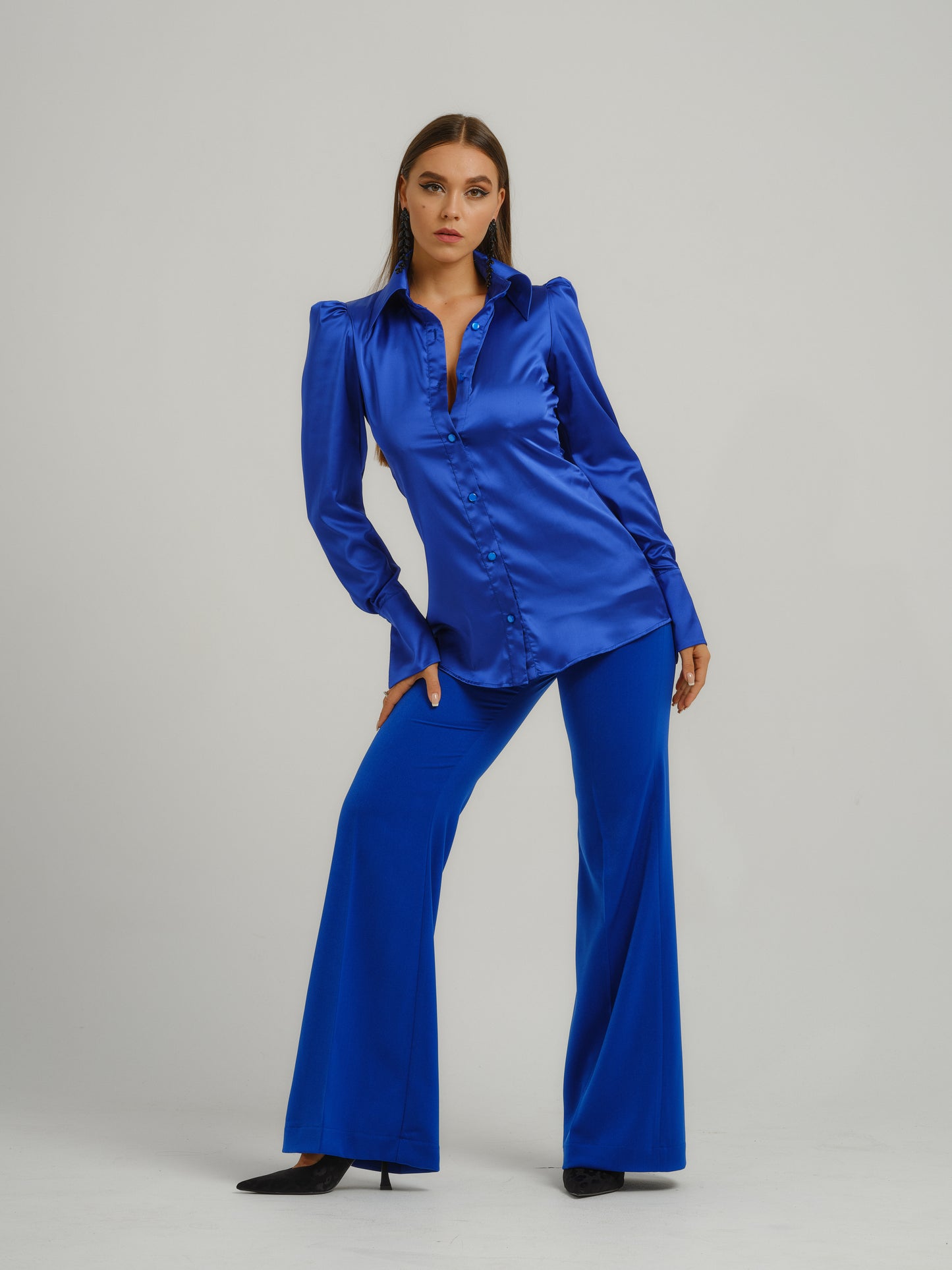 Royal Azure Fitted Satin Shirt by Tia Dorraine Women's Luxury Fashion Designer Clothing Brand