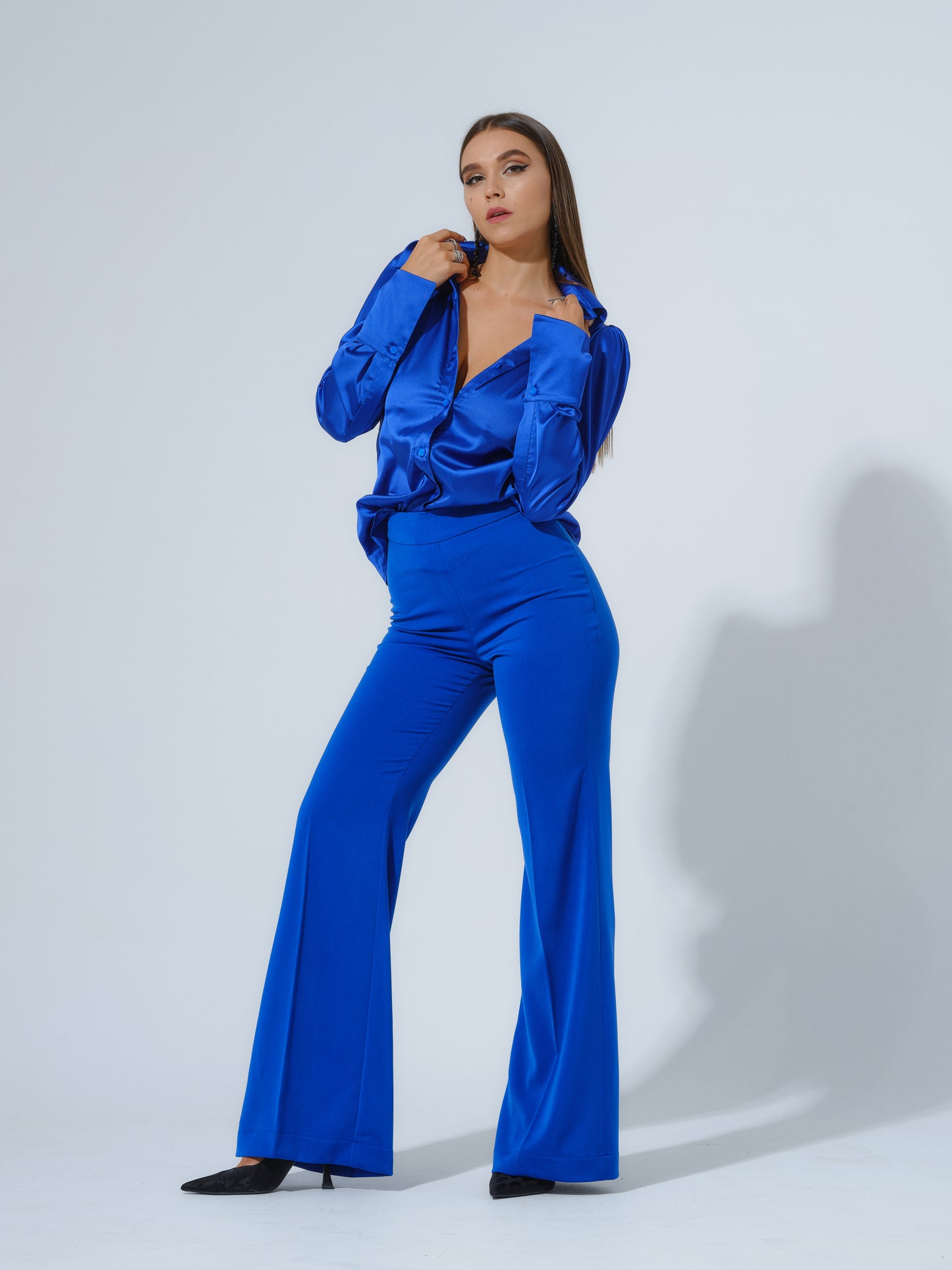Royal Azure Fitted Satin Shirt by Tia Dorraine Women's Luxury Fashion Designer Clothing Brand