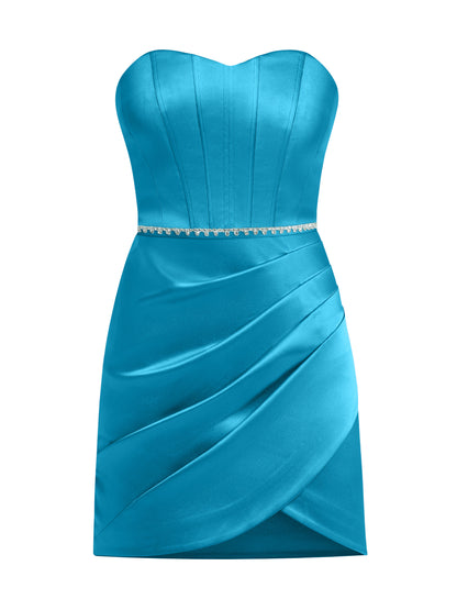 A Touch of Glamour Crystal Belt Mini Dress - Capri Blue