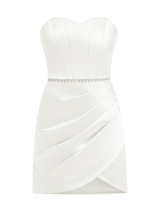 A Touch of Glamour Crystal Belt Mini Dress - Pearl White by Tia Dorraine Women's Luxury Fashion Designer Clothing Brand