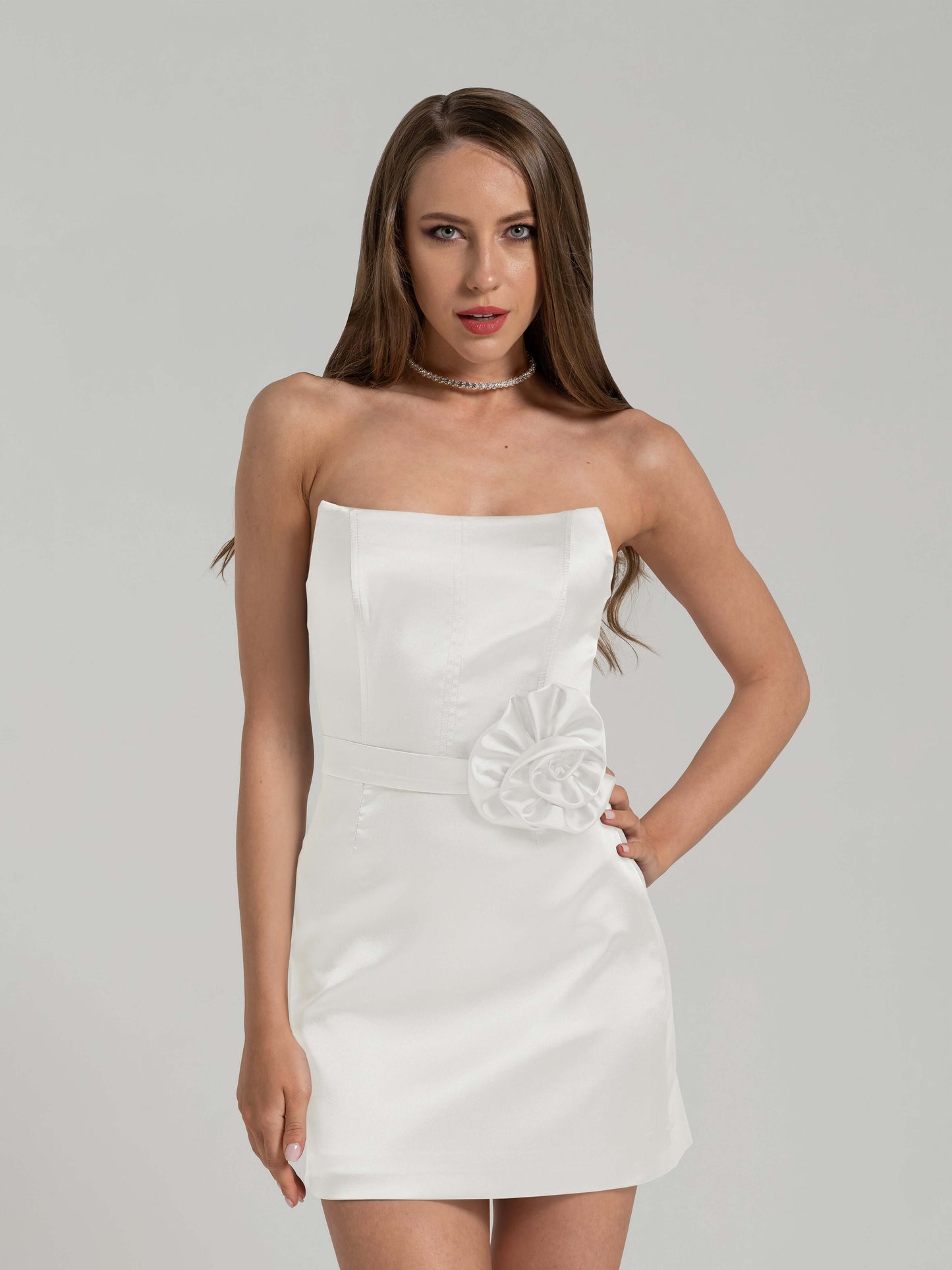 Dazzling Touch Satin Mini Dress - Pearl White