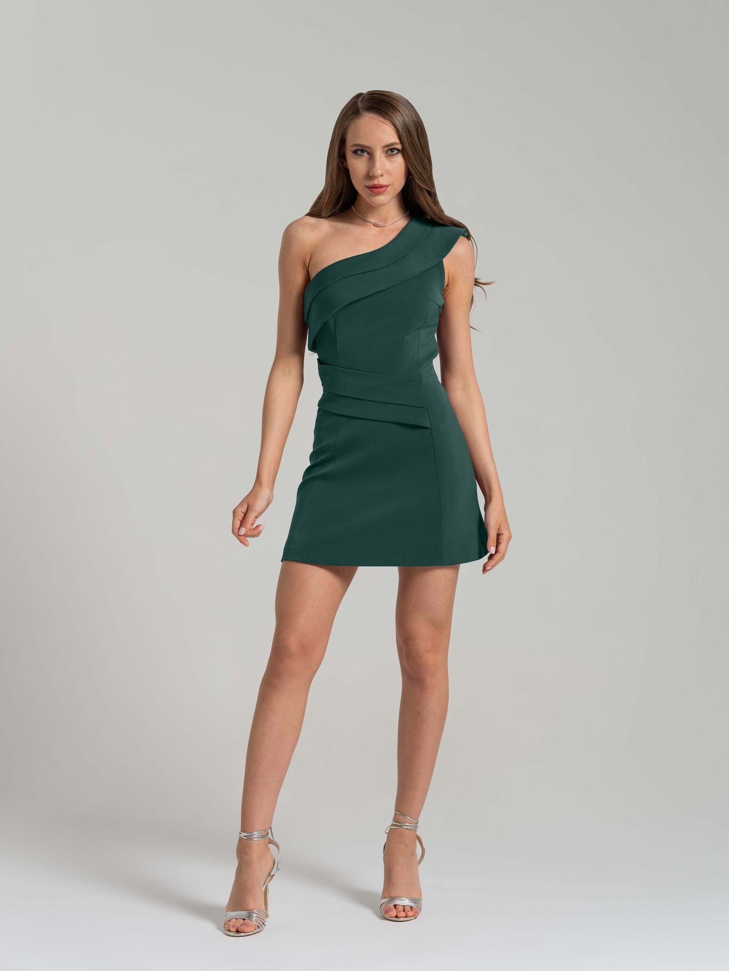 Elegant Touch One-Shoulder Mini Dress - Dark Green