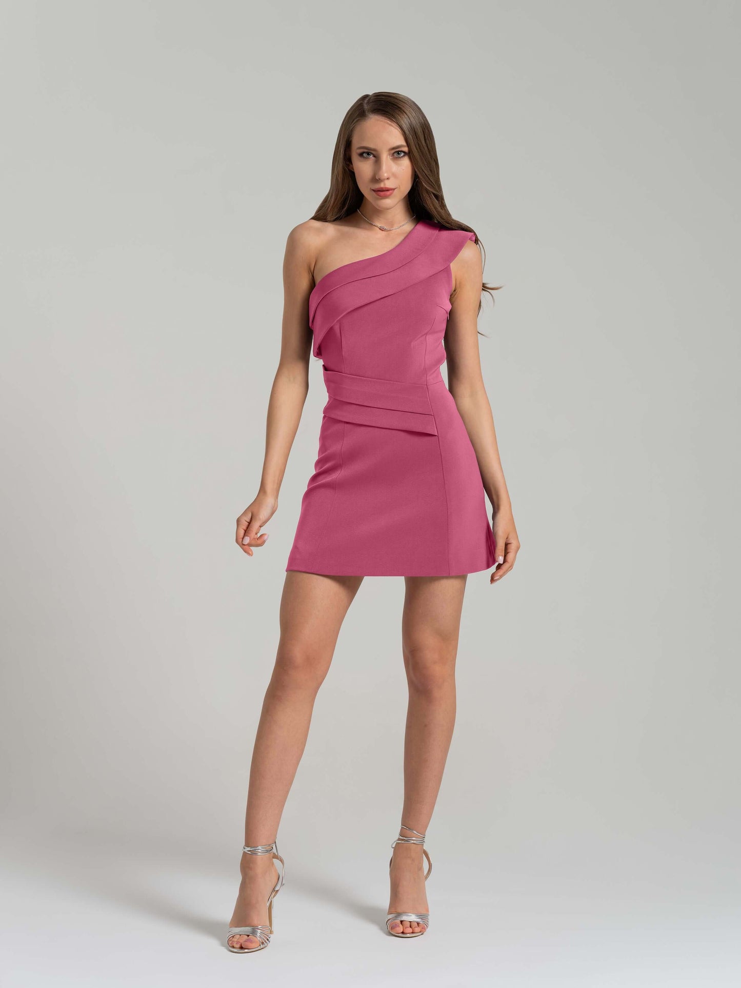 Elegant Touch One-Shoulder Mini Dress - Super Pink