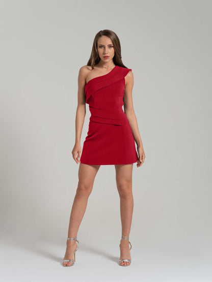 Elegant Touch One-Shoulder Mini Dress - Fierce Red