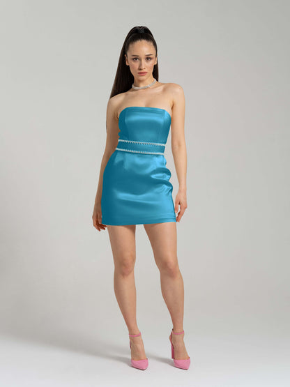 Elevated Excellence Crystal-Embellished Mini Dress - Capri Blue