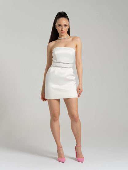 Elevated Excellence Crystal-Embellished Mini Dress - Pearl White