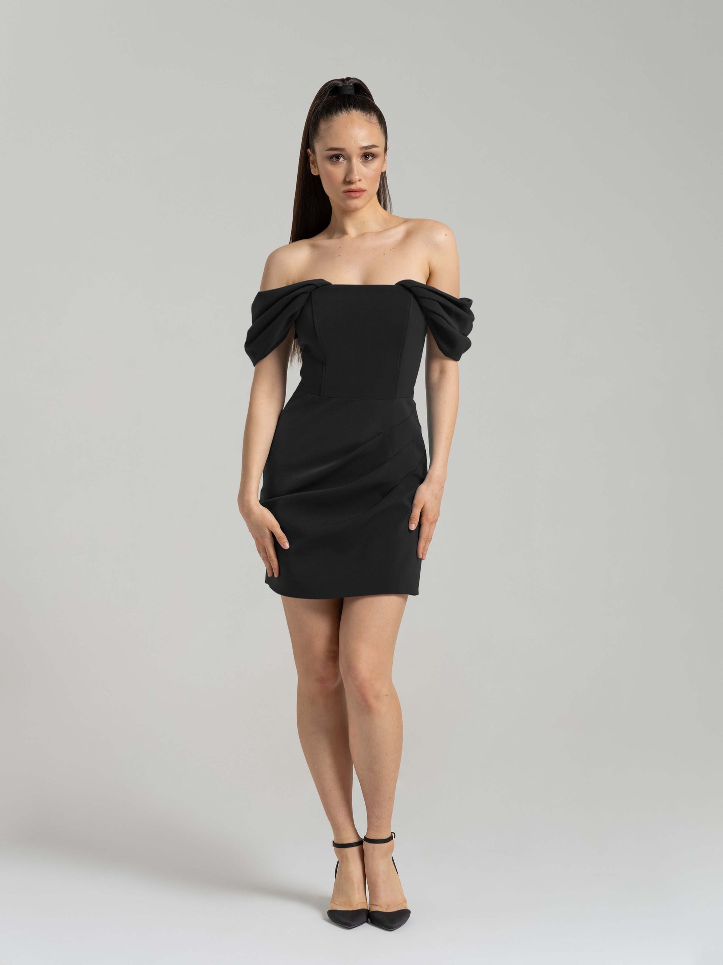 Evoking Glamour Off-Shoulder Mini Dress - Black