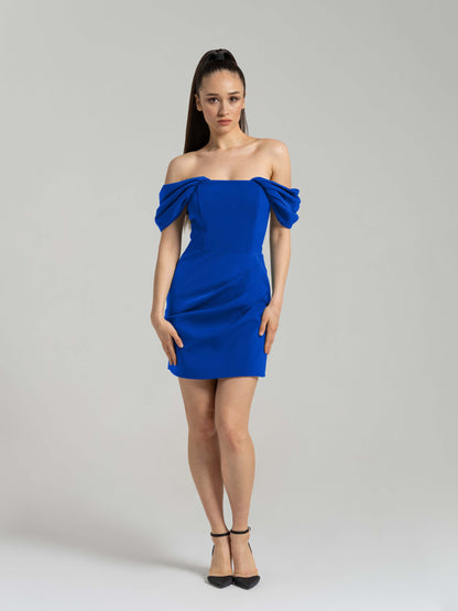 Evoking Glamour Off-Shoulder Mini Dress - Azure Blue