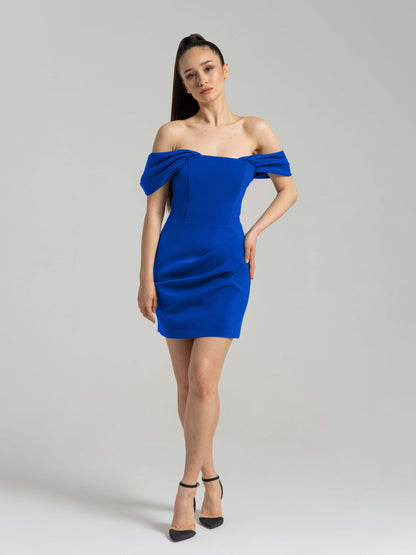 Evoking Glamour Off-Shoulder Mini Dress - Azure Blue