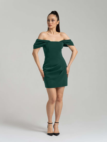 Evoking Glamour Off-Shoulder Mini Dress - Dark Green