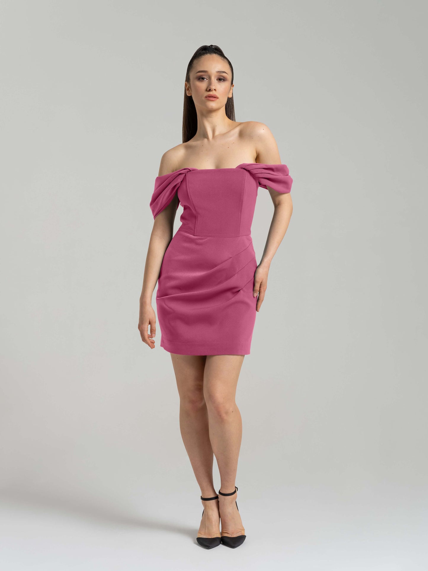 Evoking Glamour Off-Shoulder Mini Dress - Pink