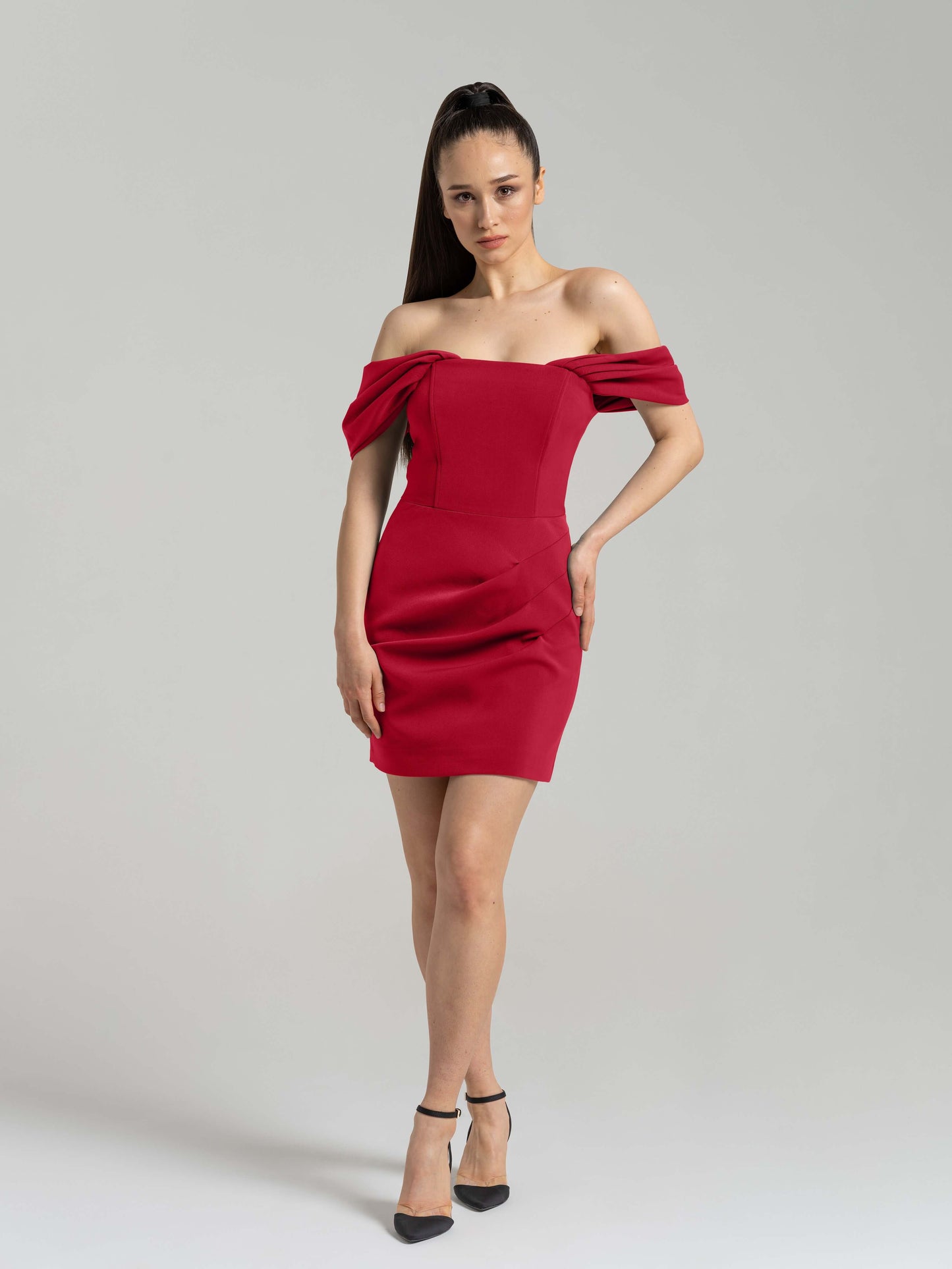 Evoking Glamour Off-Shoulder Mini Dress - Fierce Red