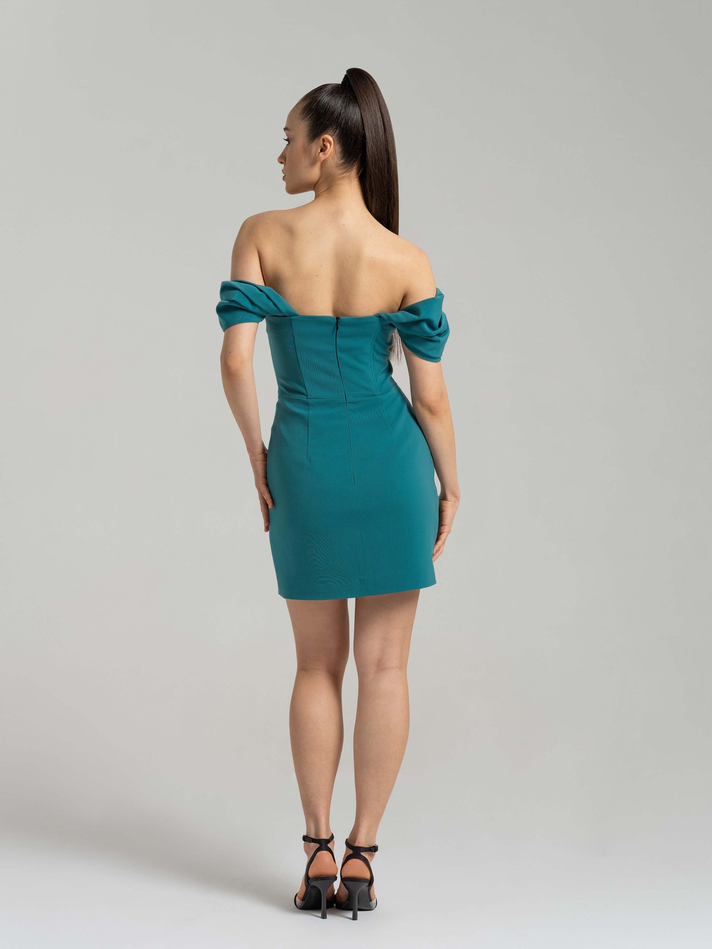 Evoking Glamour Off-Shoulder Mini Dress - Turquoise