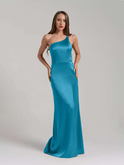 Goddess of Love Satin Long Gown - Capri Blue