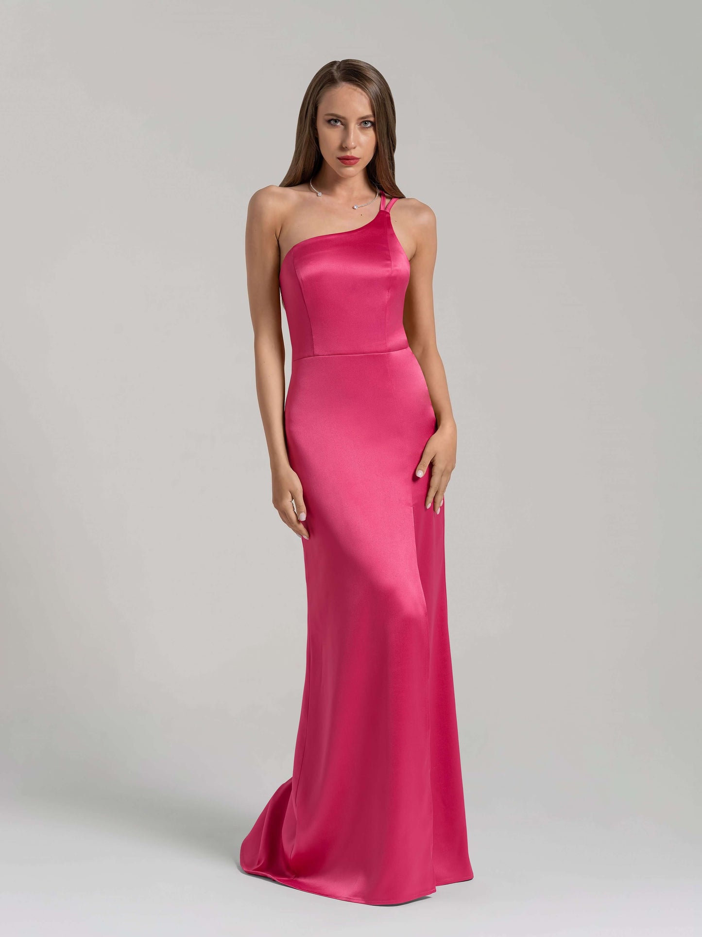 Goddess of Love Satin Long Gown - Hot Pink