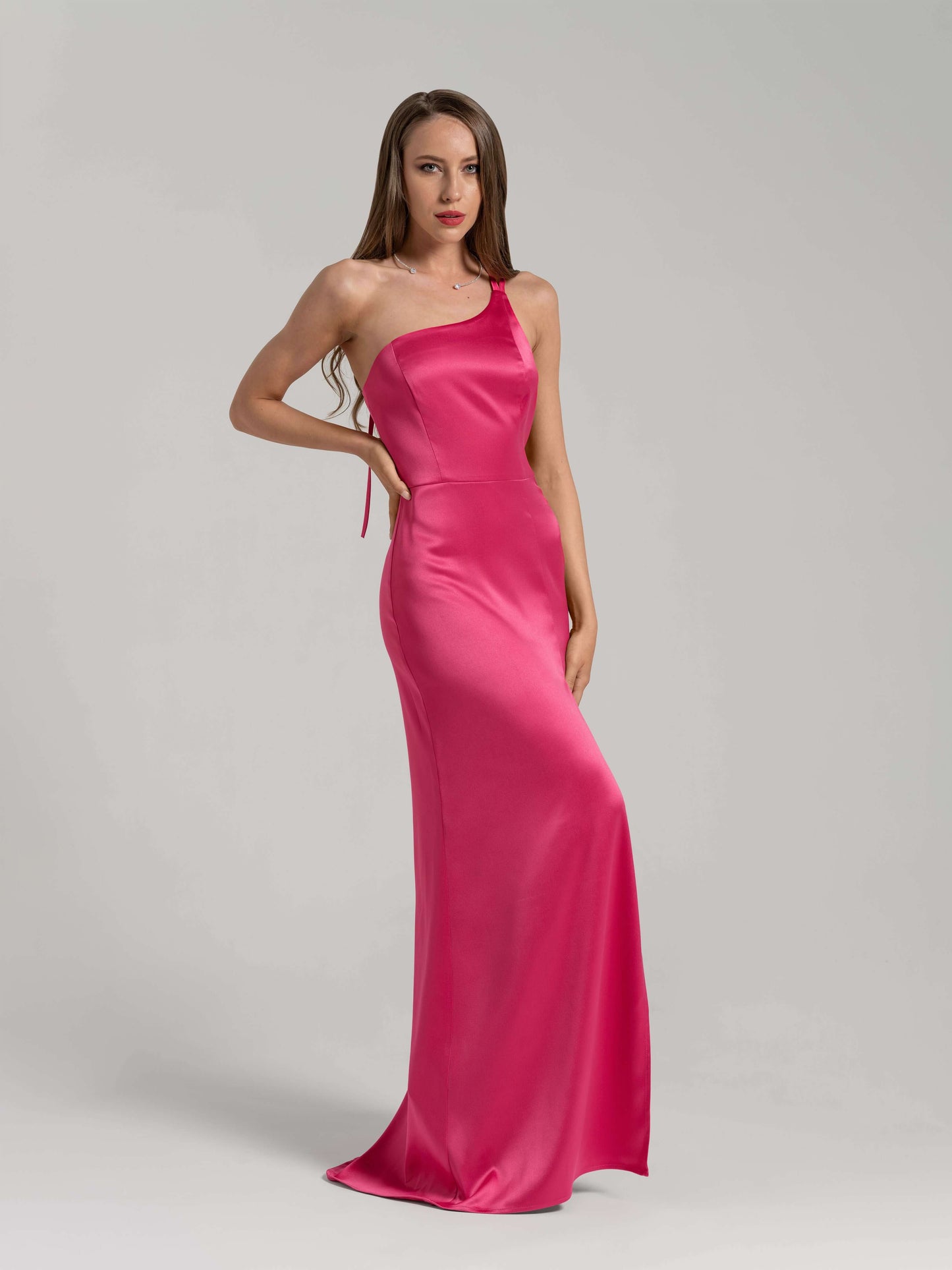 Goddess of Love Satin Long Gown - Hot Pink
