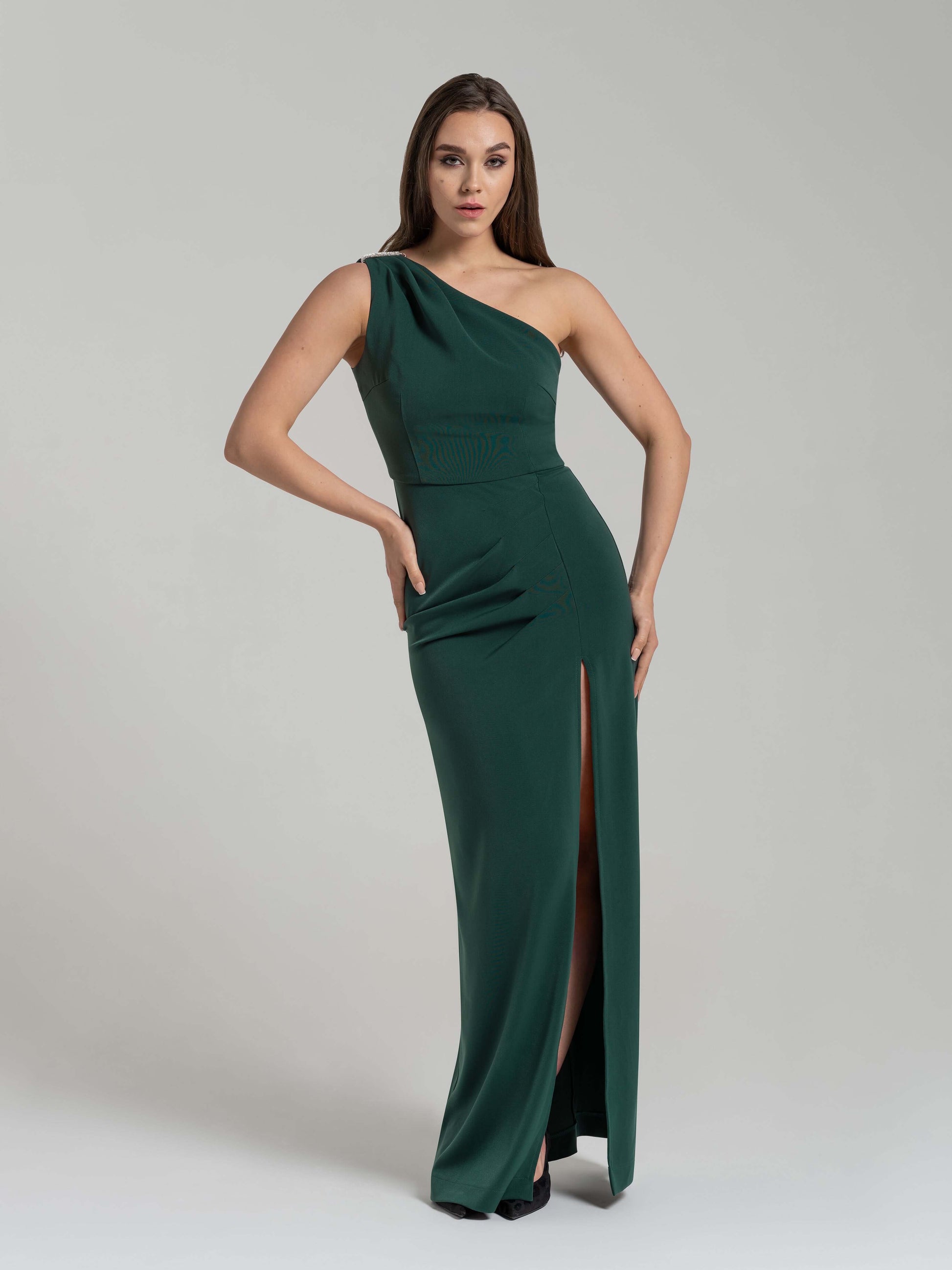 Harmony Asymmetric Long Dress - Dark Green by Tia Dorraine Women's Luxury Fashion Designer Clothing Brand