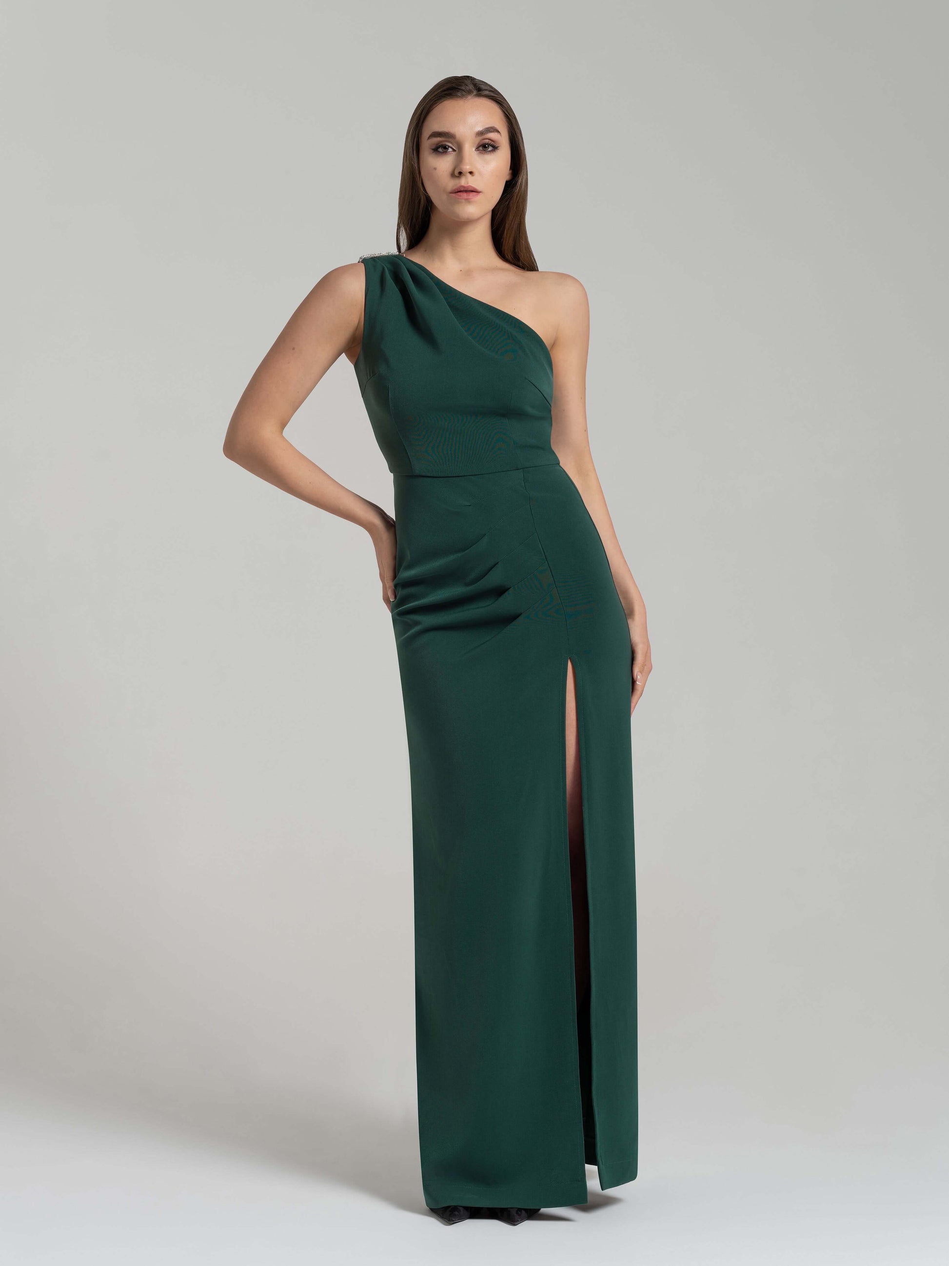 Harmony Asymmetric Long Dress - Dark Green by Tia Dorraine Women's Luxury Fashion Designer Clothing Brand