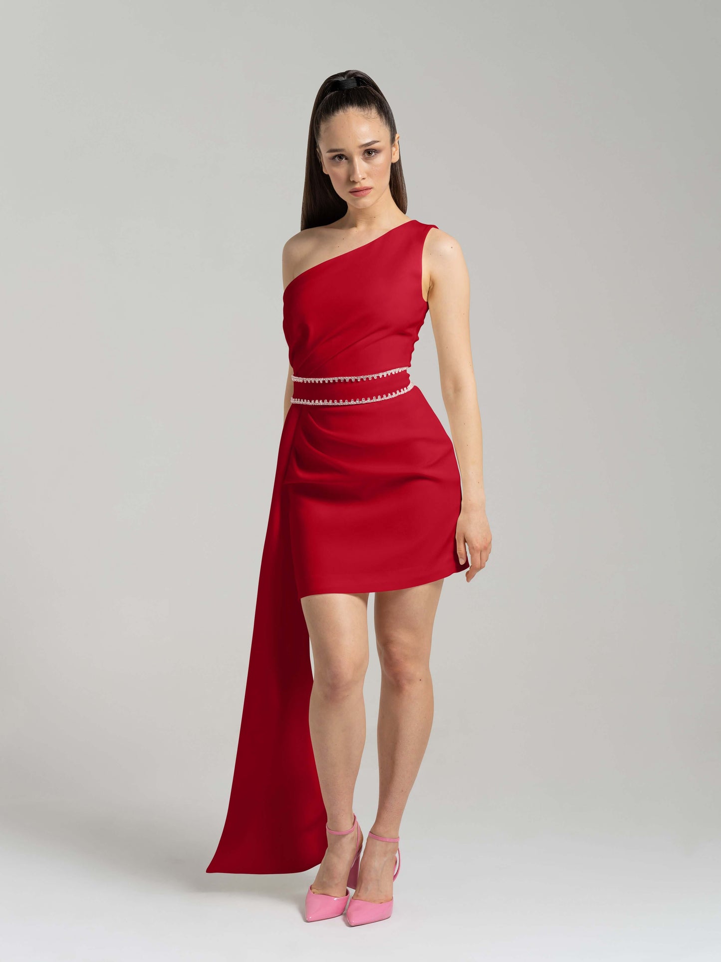 Iconic Glamour Crystal-Adorned Short Dress - Fierce Red