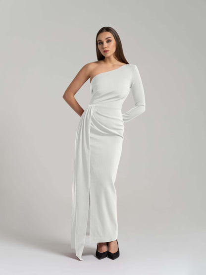 Iconic Glamour Draped Long Dress - Pearl White