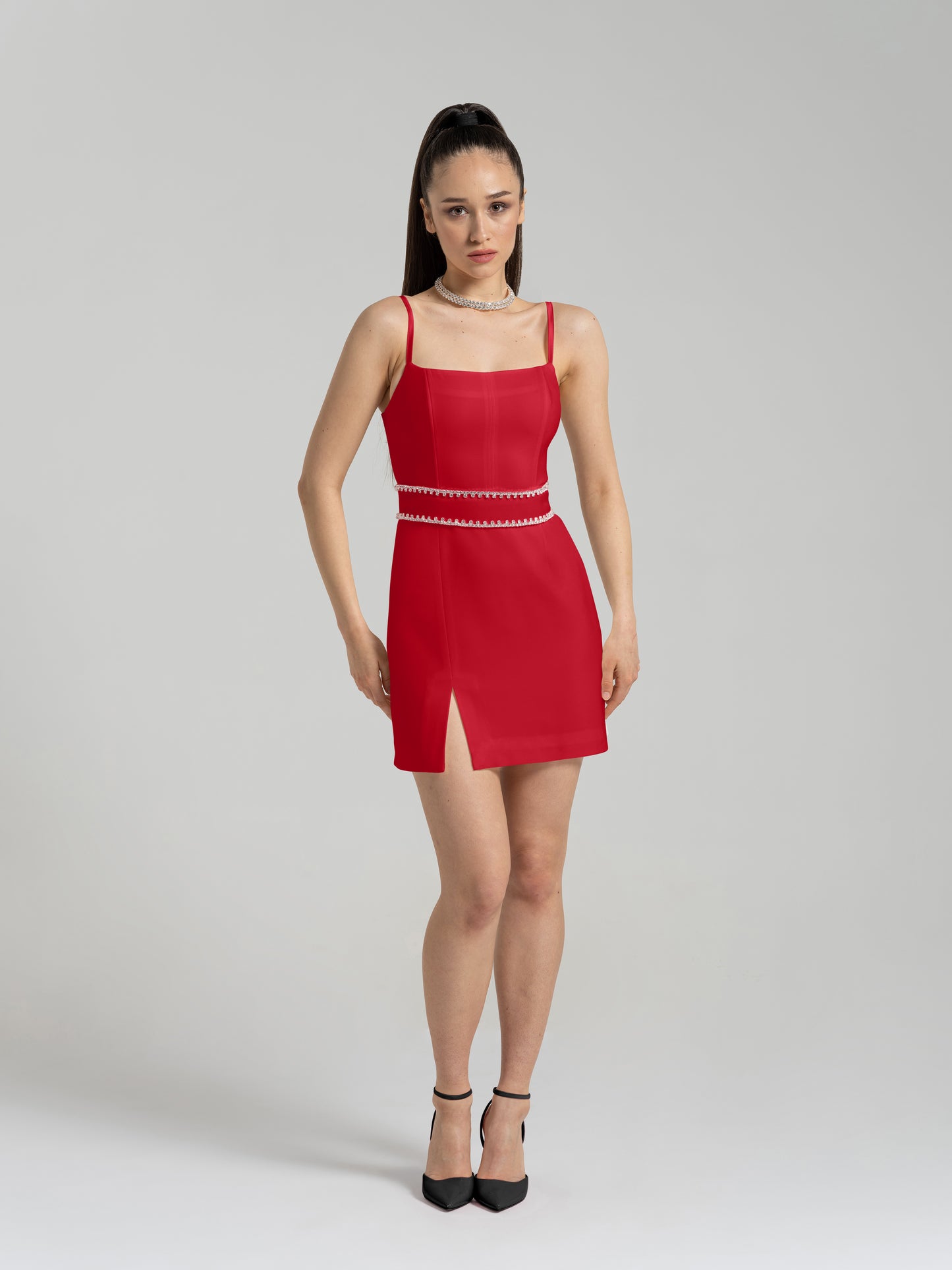 Into You Fitted Mini Dress with Crystal Belt - Fierce Red