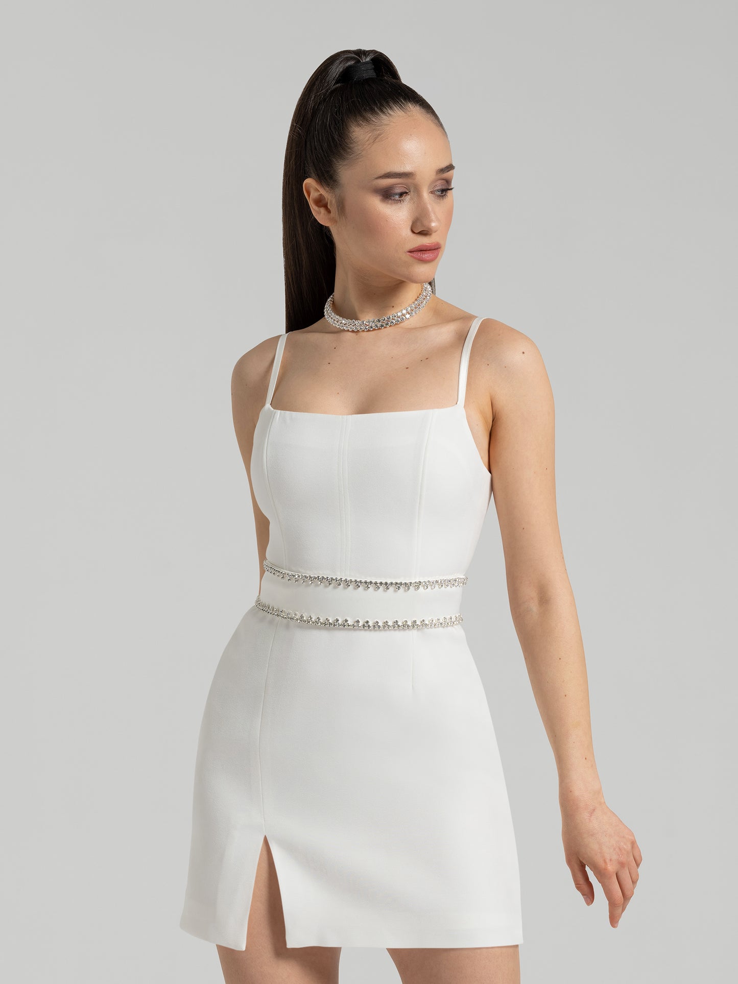 Into You Fitted Mini Dress with Crystal Belt - Pearl White