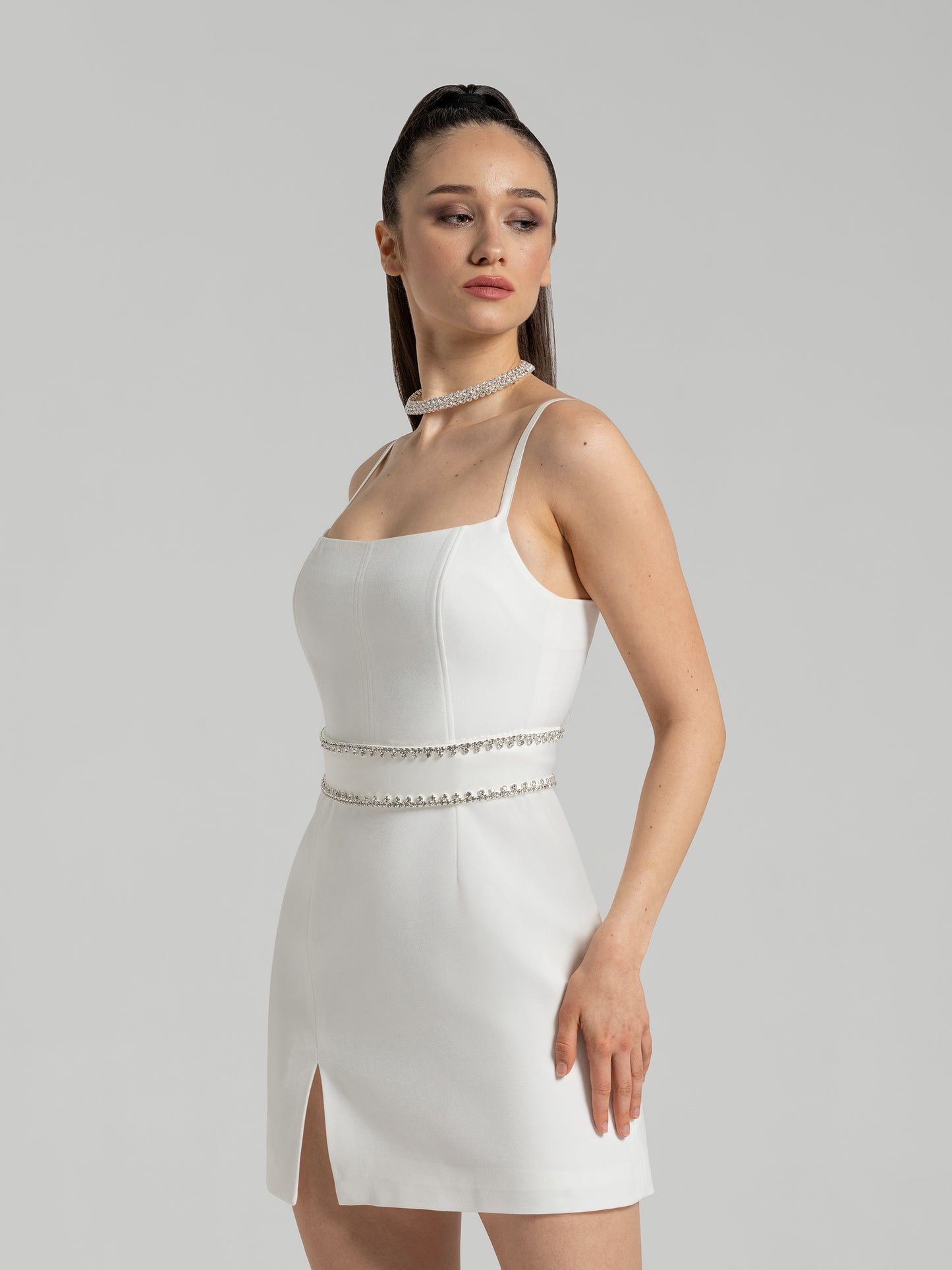Into You Fitted Mini Dress with Crystal Belt - Pearl White