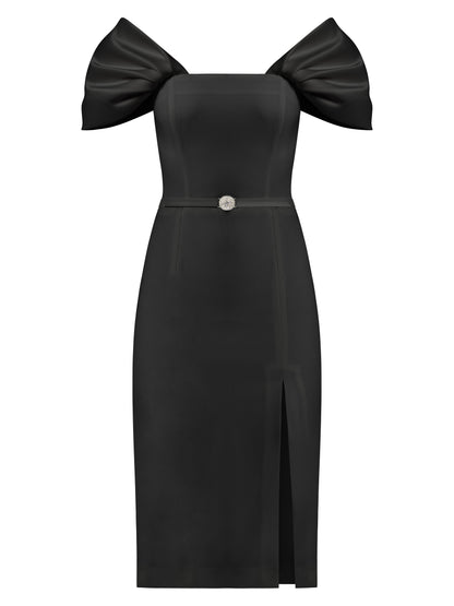 Mirage Crystal Ornament Midi Dress - Black