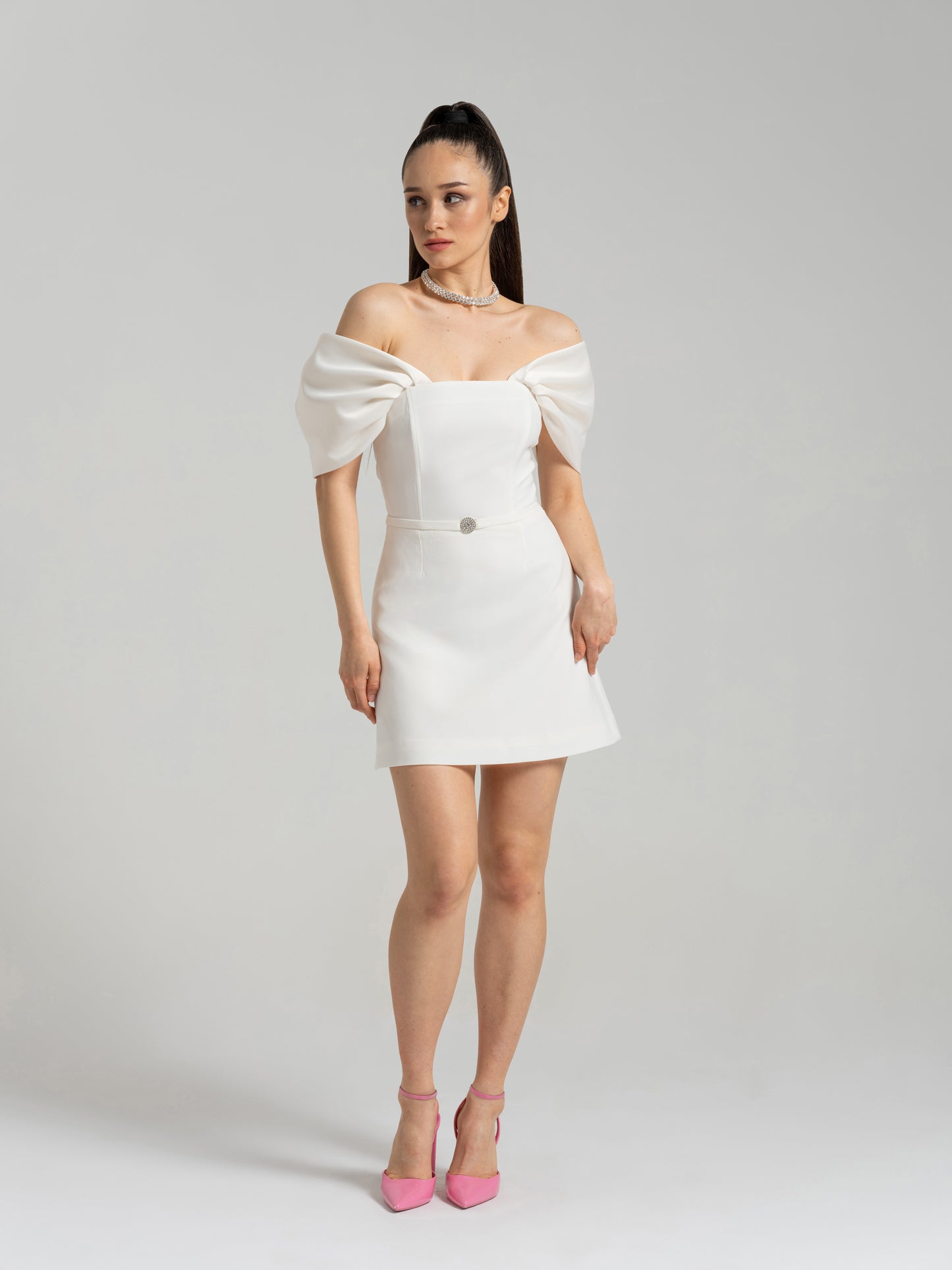 Mirage Crystal Ornament Mini Dress - Pearl White