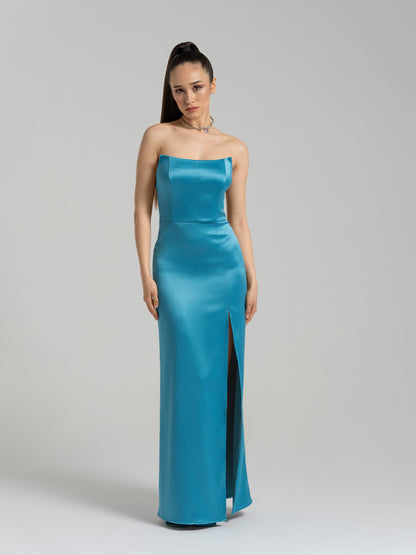 Queen of Hearts Satin Maxi Dress - Capri Blue