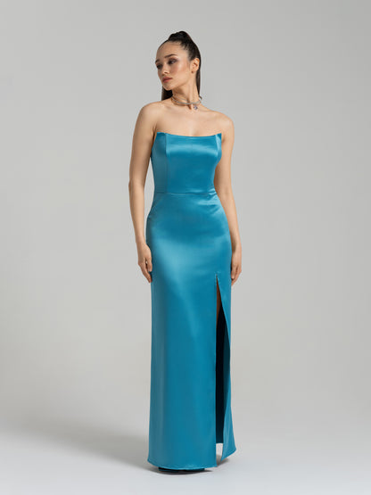 Queen of Hearts Satin Maxi Dress - Capri Blue by Tia Dorraine Women's Luxury Fashion Designer Clothing Brand