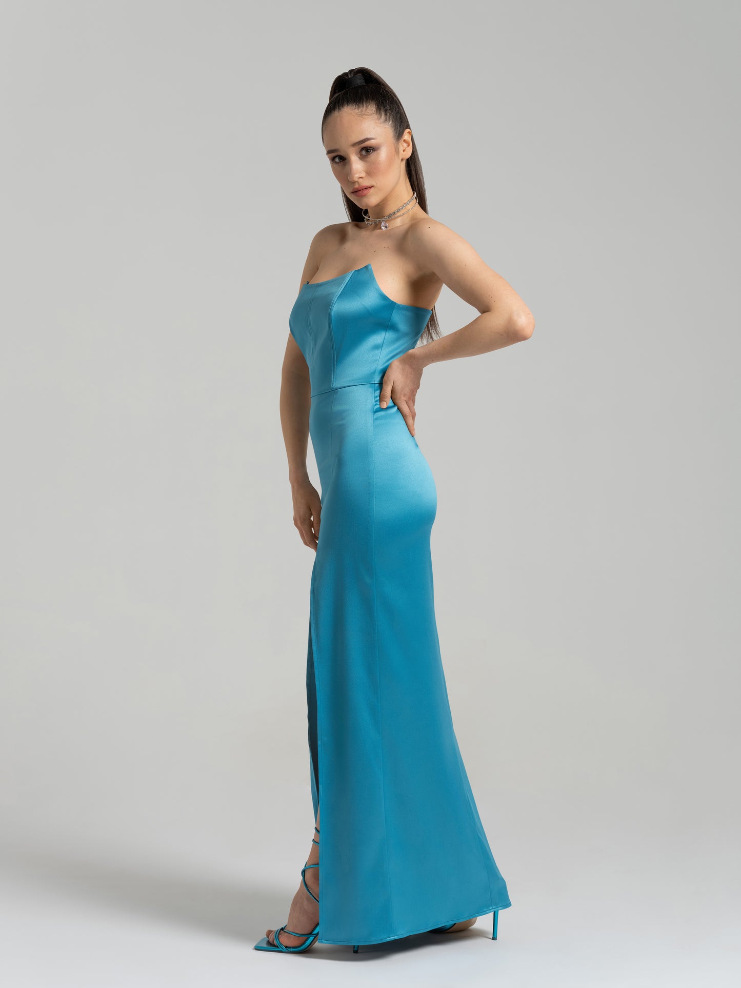 Queen of Hearts Satin Maxi Dress - Capri Blue by Tia Dorraine Women's Luxury Fashion Designer Clothing Brand
