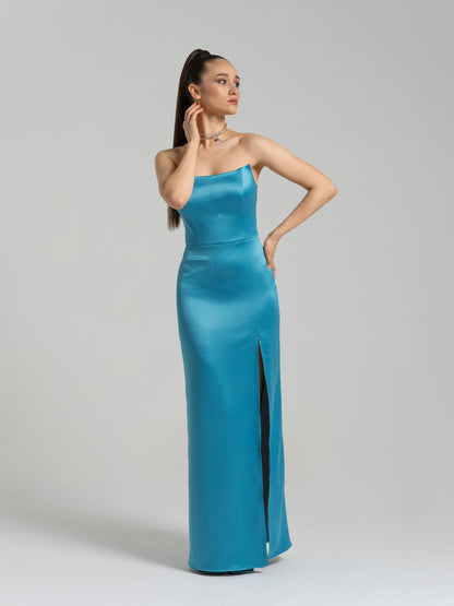 Queen of Hearts Satin Maxi Dress - Capri Blue