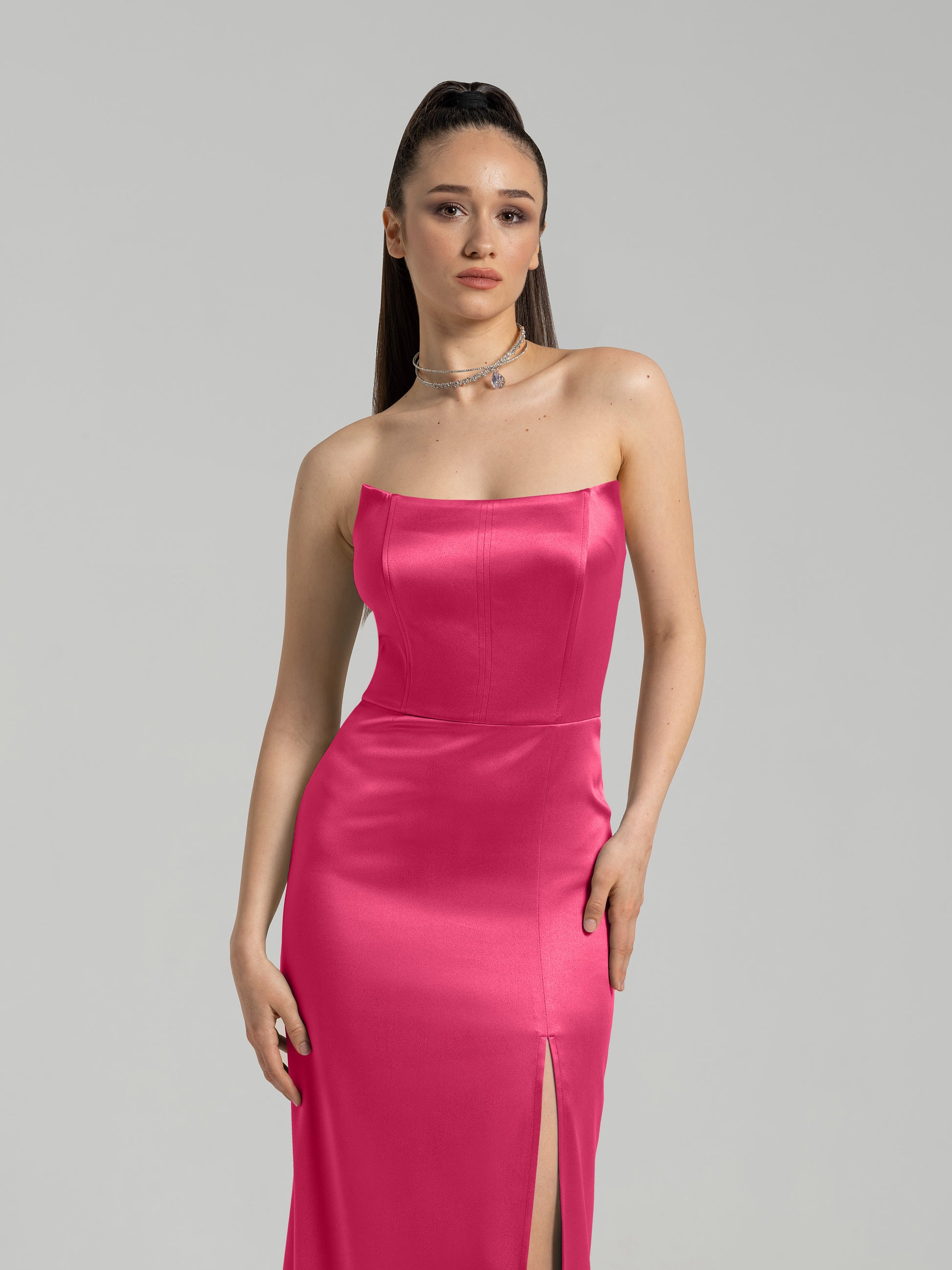 Queen of Hearts Satin Maxi Dress - Hot Pink by Tia Dorraine Women's Luxury Fashion Designer Clothing Brand