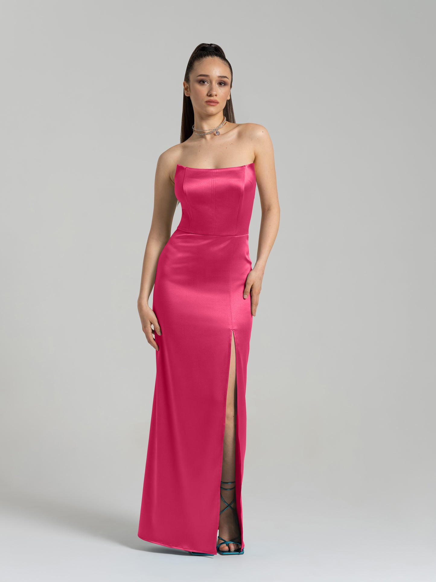 Queen of Hearts Satin Maxi Dress - Hot Pink