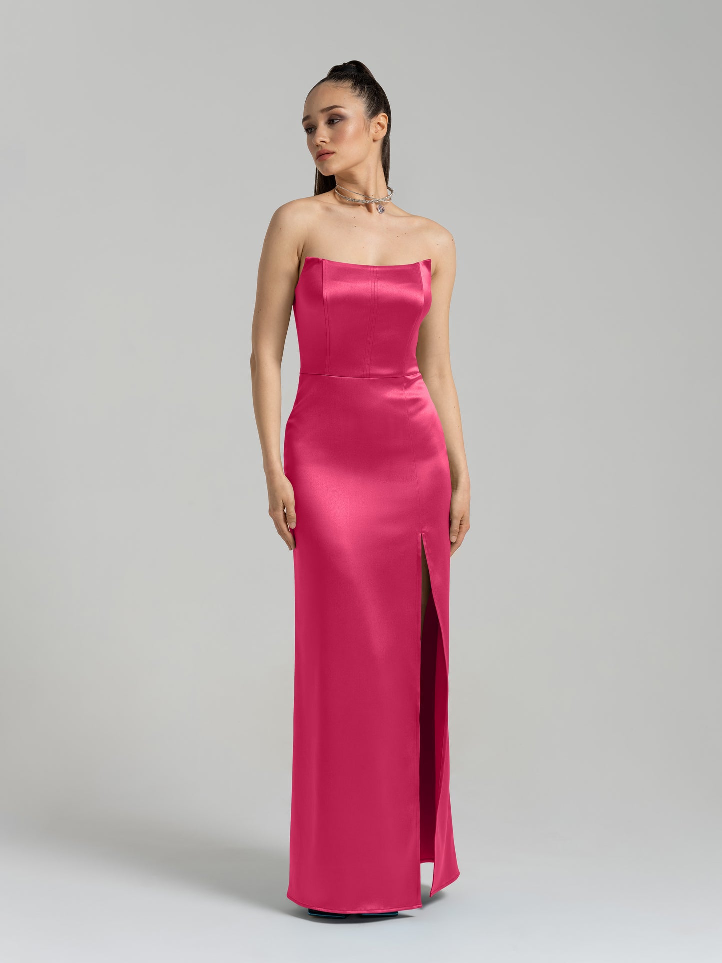 Queen of Hearts Satin Maxi Dress - Hot Pink
