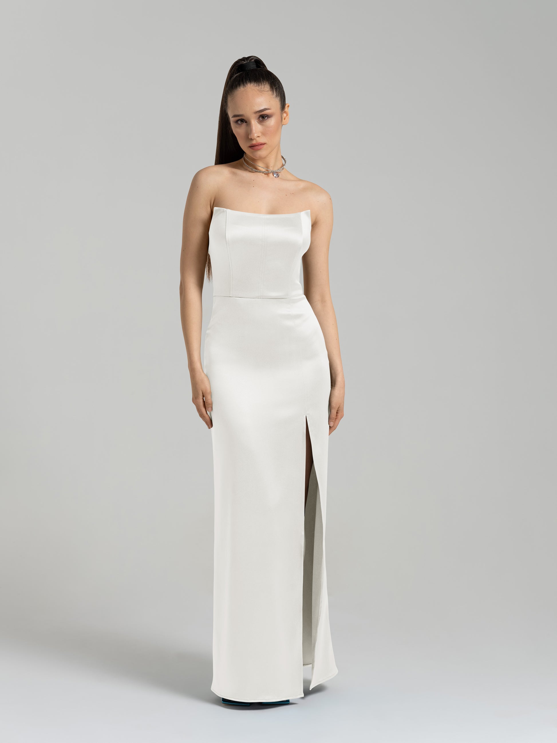 Queen of Hearts Satin Maxi Dress - Pearl White by Tia Dorraine Women's Luxury Fashion Designer Clothing Brand