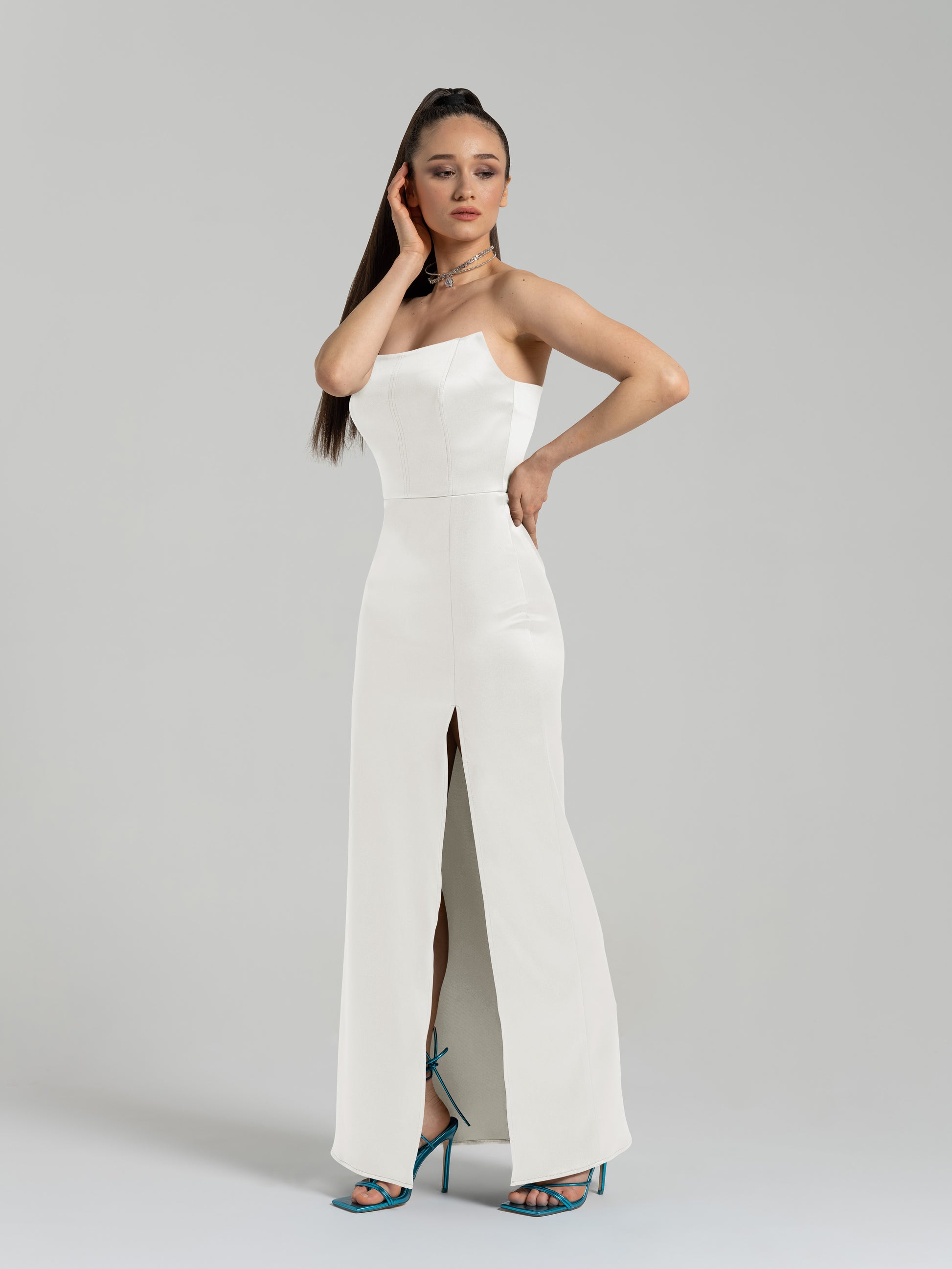 Queen of Hearts Satin Maxi Dress - Pearl White by Tia Dorraine Women's Luxury Fashion Designer Clothing Brand