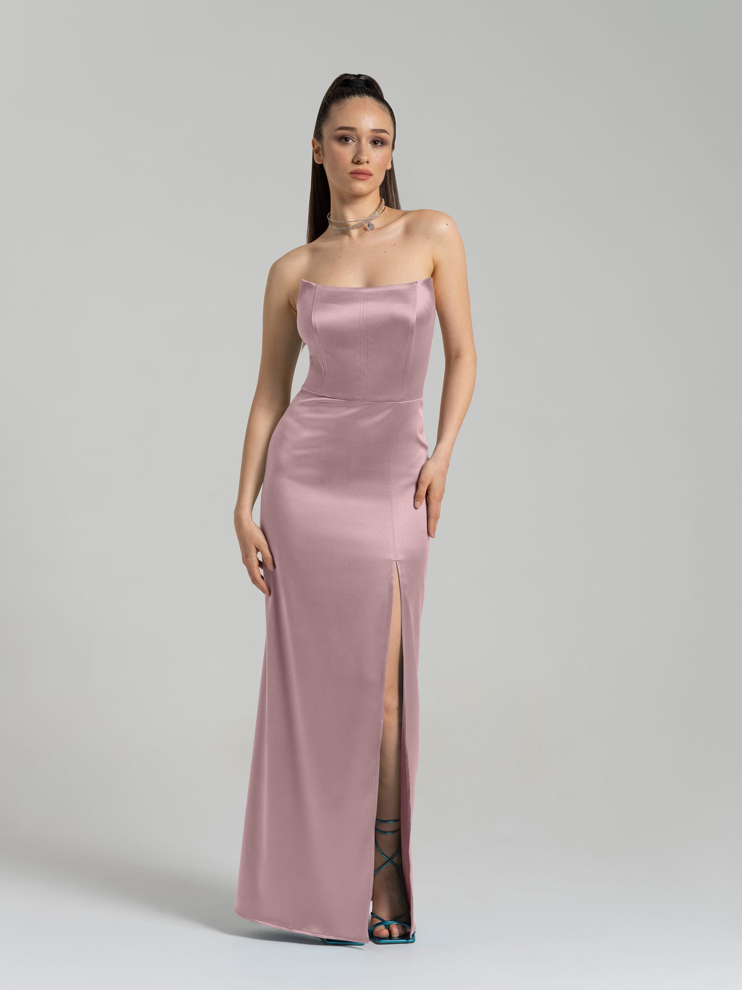 Queen of Hearts Satin Maxi Dress - Soft Pink by Tia Dorraine Women's Luxury Fashion Designer Clothing Brand