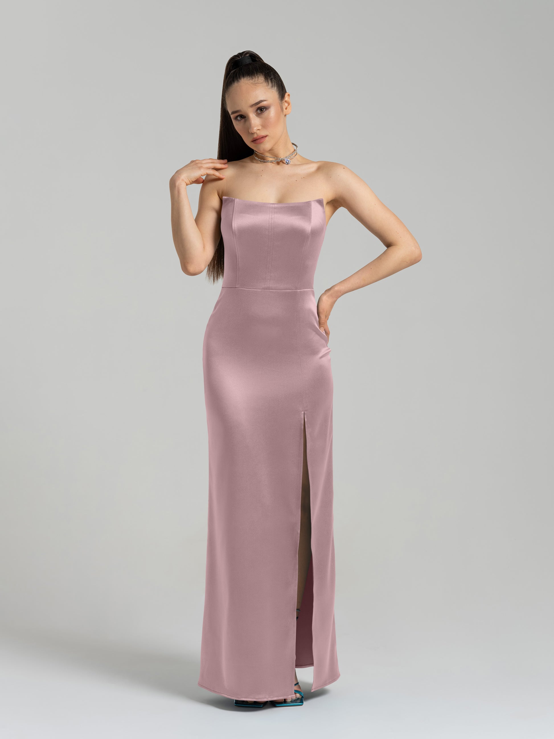 Queen of Hearts Satin Maxi Dress - Soft Pink by Tia Dorraine Women's Luxury Fashion Designer Clothing Brand