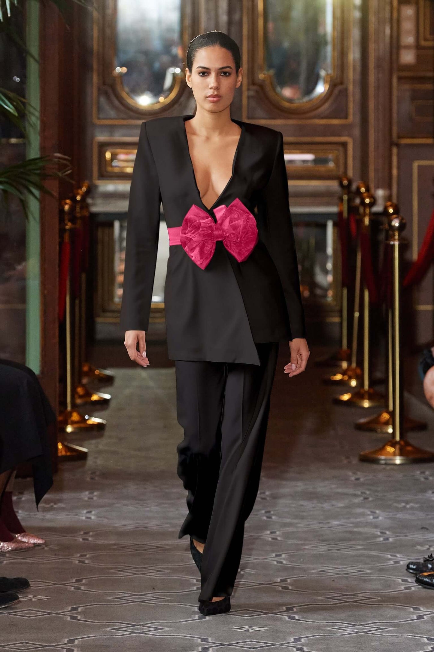 Black Pearl Blazer With Pink Bow Belt by Tia Dorraine Women's Luxury Fashion Designer Clothing Brand