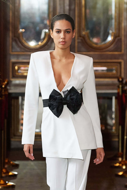 Rare Pearl Blazer With Black Bow Belt by Tia Dorraine Women's Luxury Fashion Designer Clothing Brand