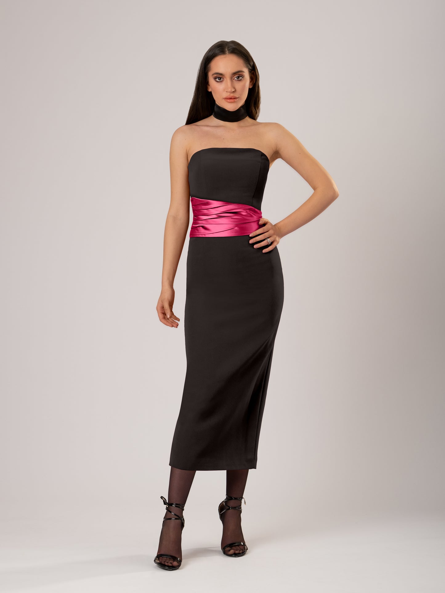 Kiss Me Fitted Midi Dress with Satin Belt - Black & Pink
