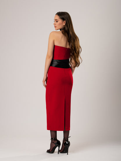 Kiss Me Fitted Midi Dress with Satin Belt - Red & Black